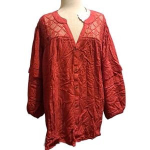 Knox Rose Women's Size 4X Rouge Red Eyelet Long Sleeved Blouse Shirt
